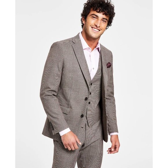 BAR III Men’s Checkered Slim Fit Suit Jacket Burgundy/Black Size 40R New - Picture 2 of 3